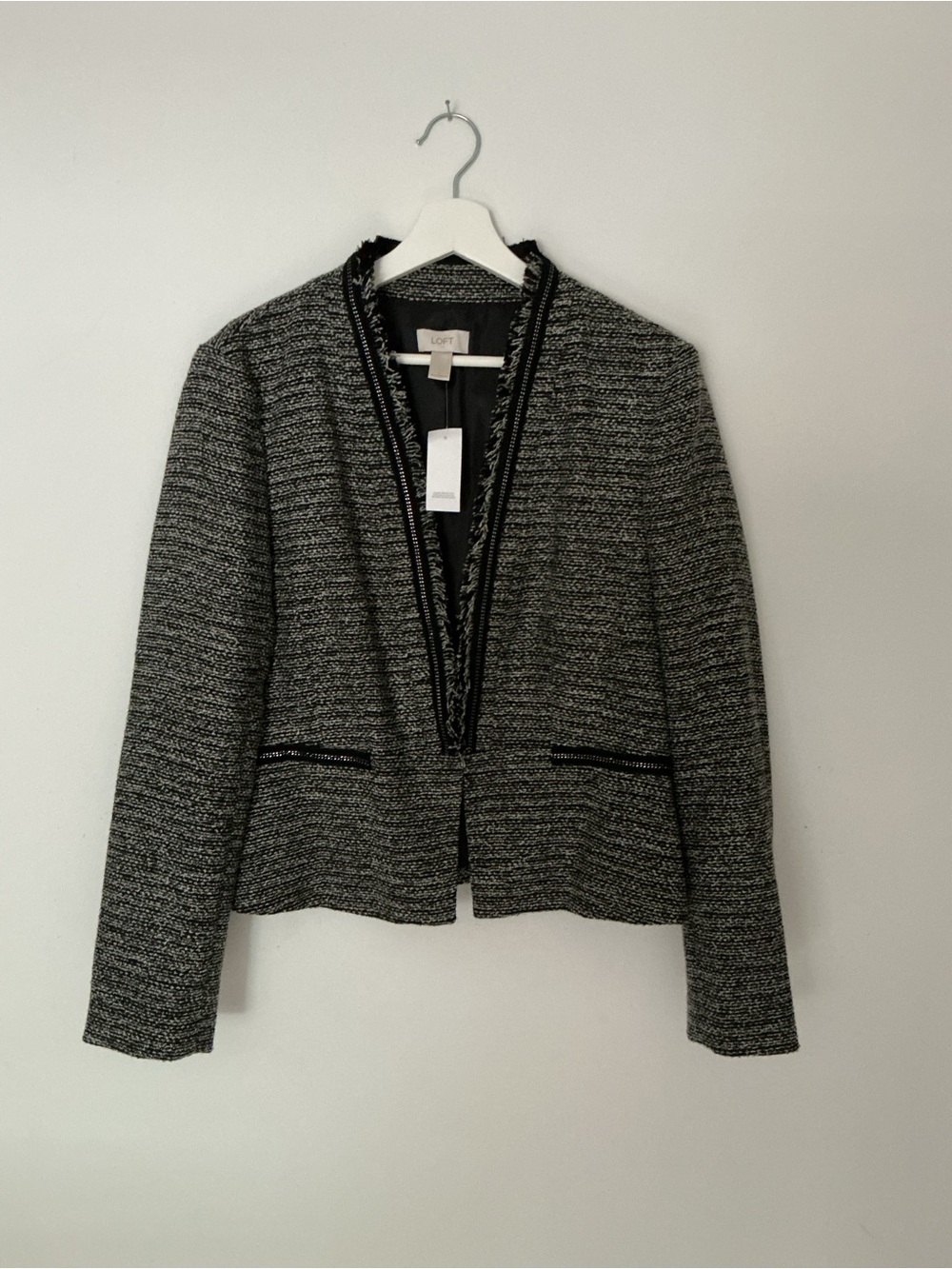 LOFT Black & White Tweed Collarless Blazer with Waist Hook and Welt Pockets
